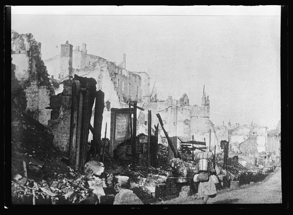 Charred rubble of a city destroyed.
